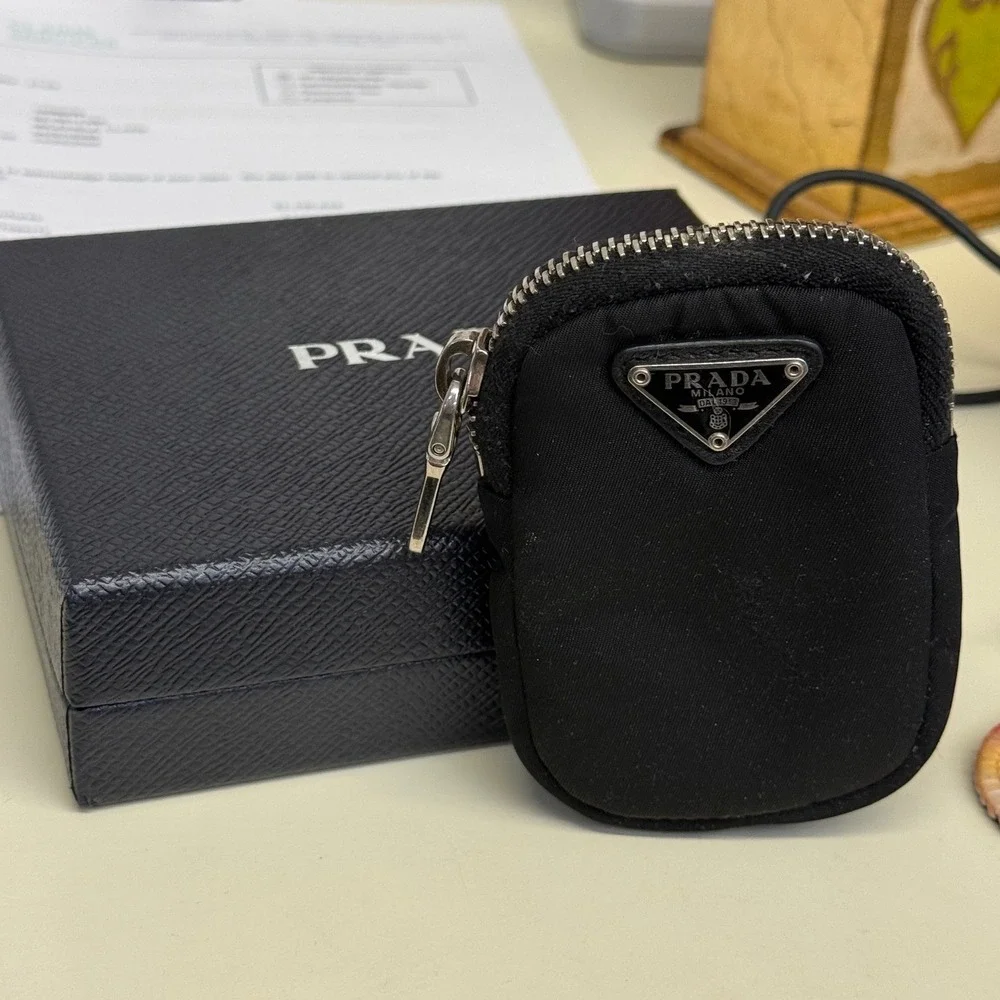 Prada Re-Nylon Mini Pouch Black Enamel Triangle Logo Zip Bag Charm Accessory
